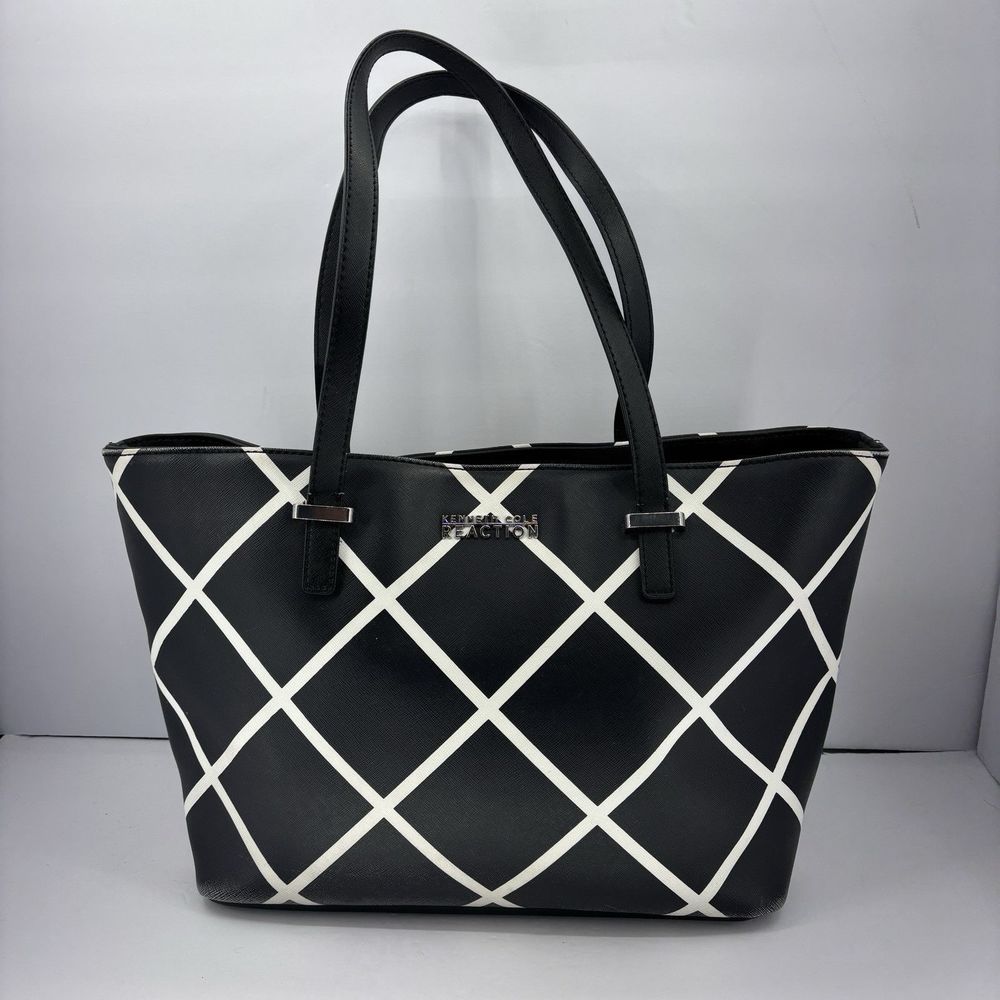 Kenneth Cole Reaction Black White Grid Saffiano Faux Leather Tote Bag